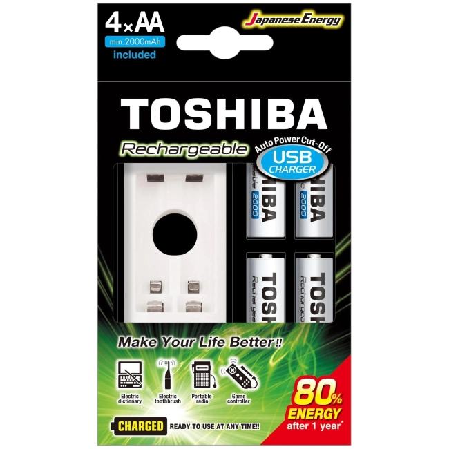 Carregador de pilha usb para 2 AA/AAA com 4 pilha AA 2000 mAh Toshiba