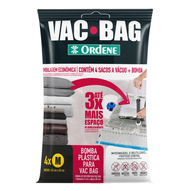 Conjunto saco a vacuo vac bag 4 sacos médios + bomba Ordene