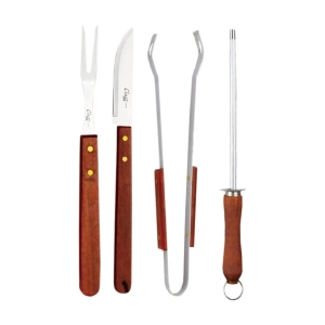 Kit Churrasco 04 Peças Inox Wood Faca Garfo Chaira Pegador Class Home