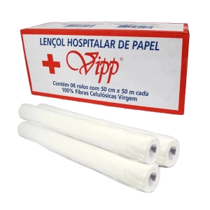 Lençol hospitalar 50cm x 50 metros celulose virgem sem picote com 6 rolos Vipp