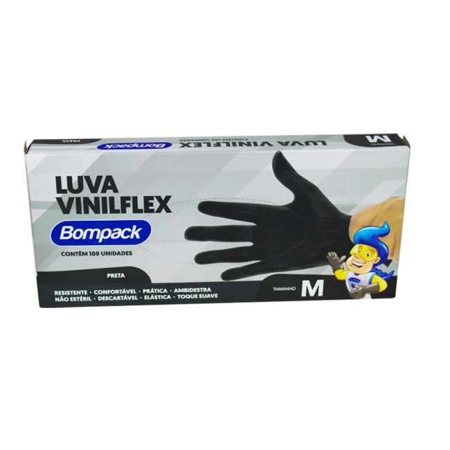 Luva de Procedimento Viniflex Preta Sem Pó M Caixa Com 100 Unidades Bompack