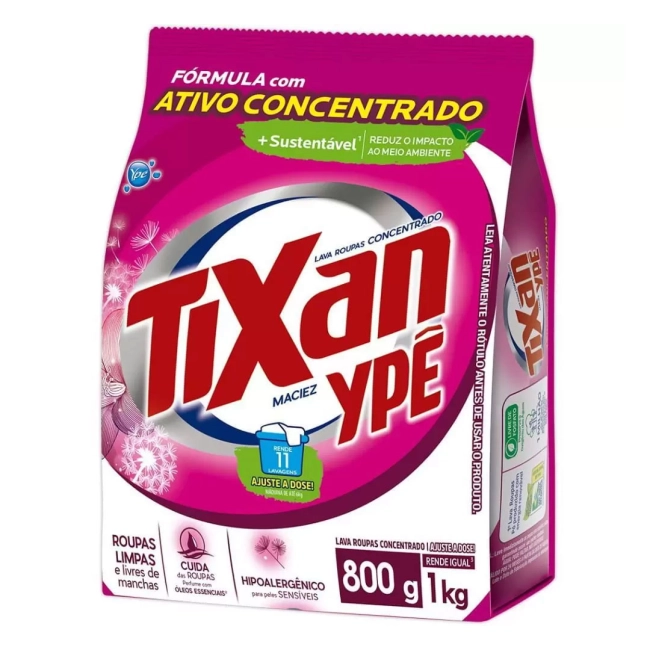 Sabão em Pó 800gr Tixan Sache Maciez Rosa (rende Igual Ao de 1kg) Ypê 